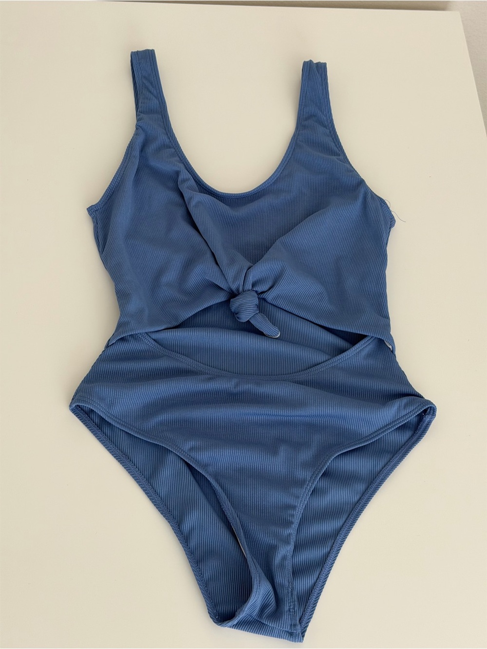 Blue Ribbed Knot-Front Womens One-Piece Swimsuit